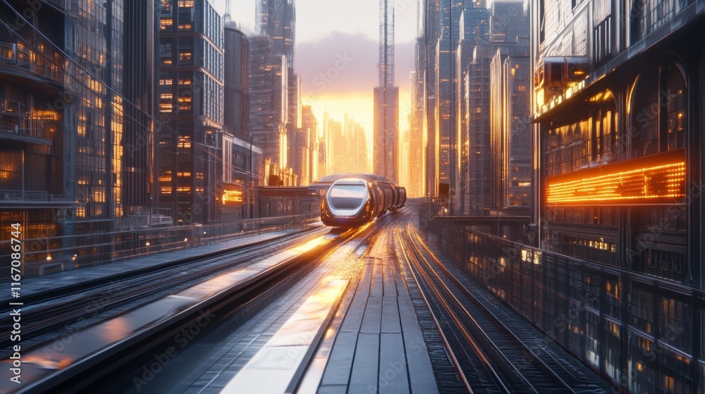 Obraz premium Futuristic City Train at Sunset - Sci-Fi Transportation