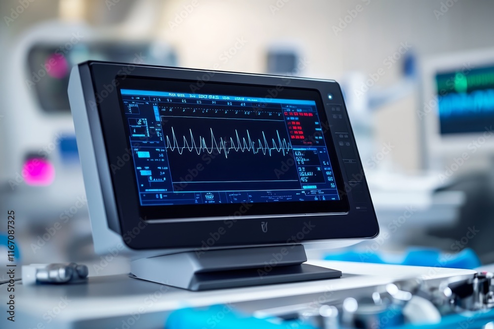 Close up of advanced operating room monitor displaying ultrasound waveforms amidst medical equipment