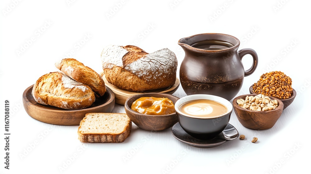 Delicious assortment of bread, pastries, and coffee on a white isolated background. Delicious assortment of bread, pastries, and coffee on a white isolated background.