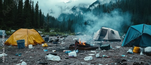 Forest campsite trashed with food containers, deflated decorations, smoldering firepit, and broken tents, surrounded by towering trees and misty mountain views