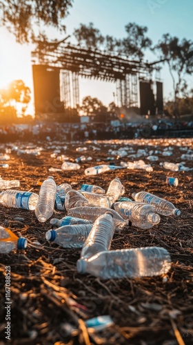 Deserted concert field filled with crushed water bottles, scattered wrappers, torn banners, and dusty stage remnants under a vibrant morning horizon photo