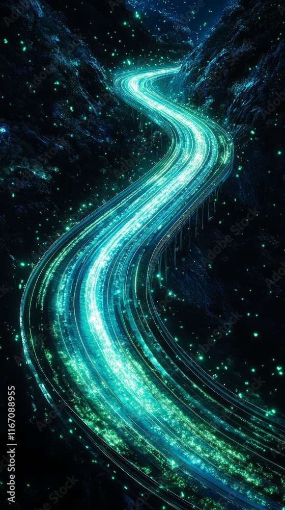 Bird's-eye view of a glowing electric road with crackling energy arcs and pulsating light, meandering across a dark landscape, vivid blue and green hues, Bird's-eye view of a glowing electric road with crackling energy arcs and pulsating light, meandering across a dark landscape, vivid blue and green hues,