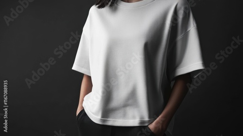 Model girl wearing a plain white mockup shirt on dark black background, moody studio lighting, sharp contrasts, expressive look, creative atmosphere, minimalistic design, refined fabric textures