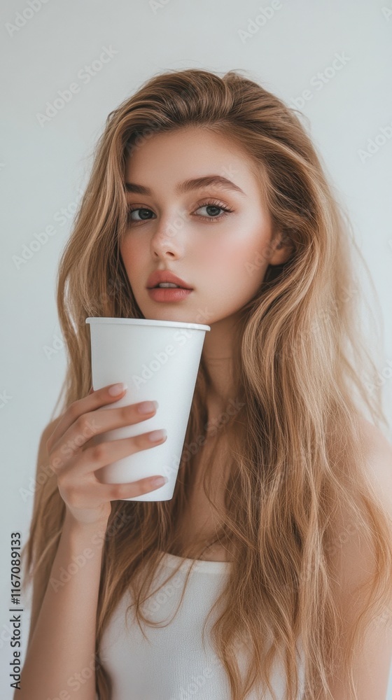 Modern girl with white mock up tumbler, isolated background, stylish presentation, flawless lighting, perfect for e-commerce platforms or product advertisements with minimal distractions Modern girl with white mock up tumbler, isolated background, stylish presentation, flawless lighting, perfect for e-commerce platforms or product advertisements with minimal distractions