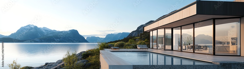 Modern house by tranquil lake with mountain view and large glass windows. Modern house by tranquil lake with mountain view and large glass windows.