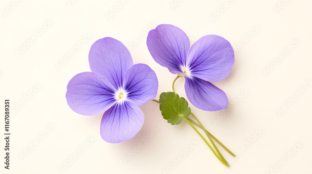 Obraz premium close up of two violet blooms with delicate purple petals and green leaves, showcasing their beauty and elegance