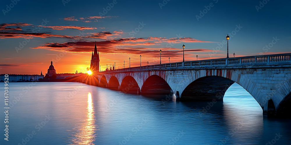 Stunning Sunset over Stone Arch Bridge and Cityscape - Realistic Photo Stunning Sunset over Stone Arch Bridge and Cityscape - Realistic Photo