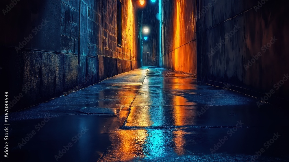 A dimly lit alleyway at night with colorful reflections on wet pavement. A dimly lit alleyway at night with colorful reflections on wet pavement.