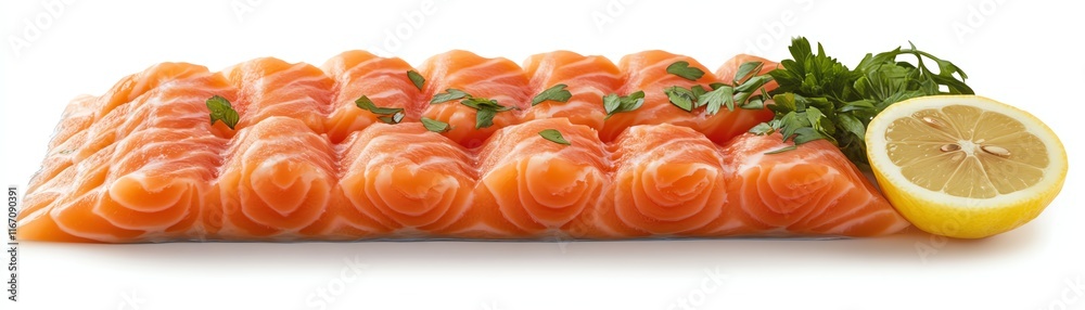 Fresh salmon fillet with lemon slice and herbs on white isolated background. Fresh salmon fillet with lemon slice and herbs on white isolated background.