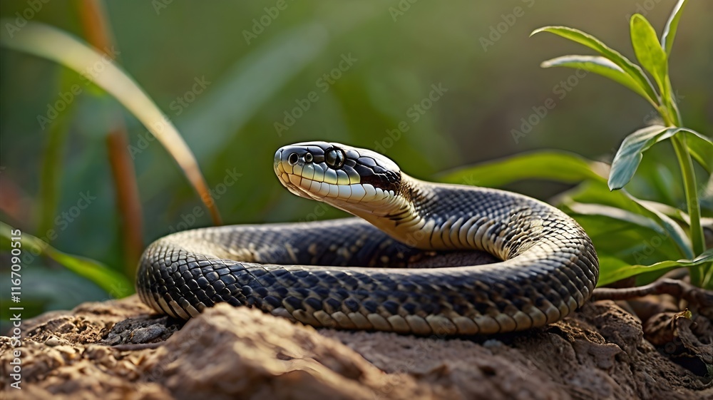 A snake, coiled on the ground, with its head raised and looking directly at the camera. A snake, coiled on the ground, with its head raised and looking directly at the camera.