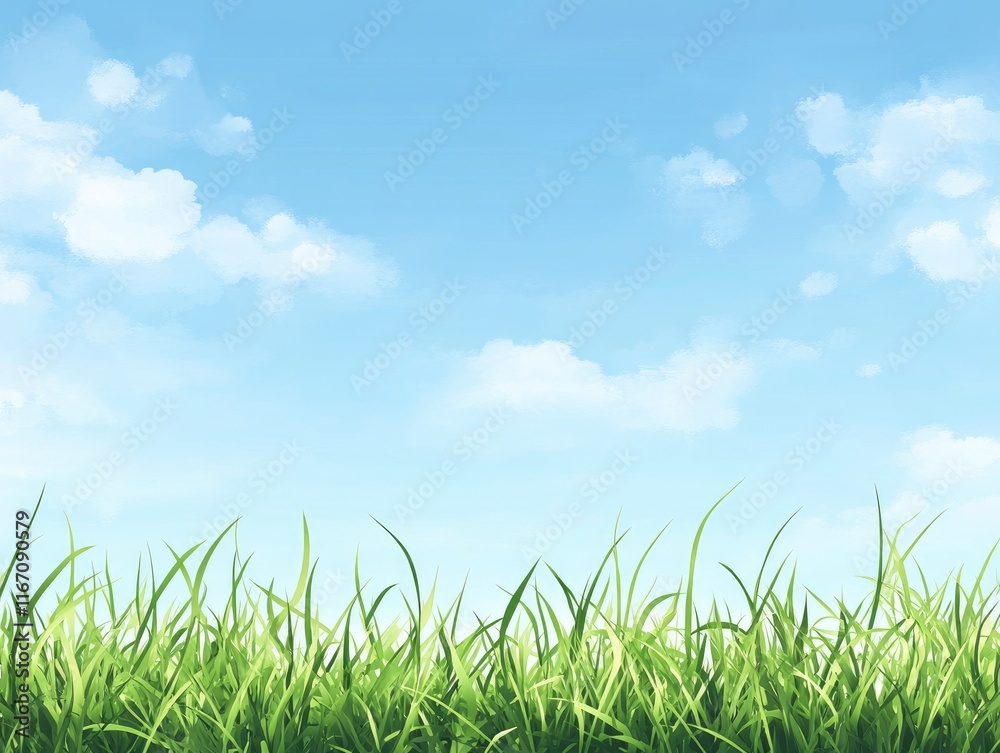Beautiful green grass meadow with a blue sky background. In the center, there is an empty space for you to place your logo or product name. The image should convey serenity and tranquility, giving Beautiful green grass meadow with a blue sky background. In the center, there is an empty space for you to place your logo or product name. The image should convey serenity and tranquility, giving