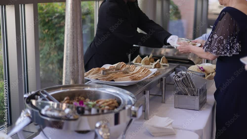 A formal event featuring a buffet with diverse food items, including flatbreads and falafel wraps. A person in gloves serves food to a formally dressed attendee. Ideal for event, catering promotions