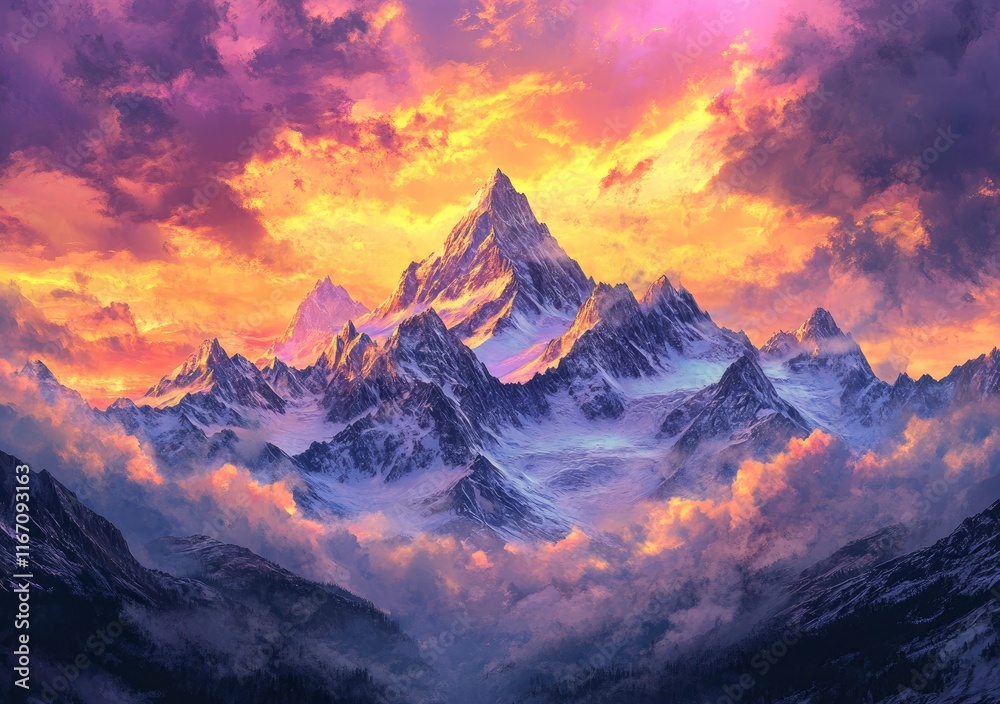 Obraz premium Beautiful snow-capped mountain landscape with a dramatic sky and colorful clouds, a winter sunset with beautiful, vibrant clouds in the background, snowy mountains with a beautiful, colorful cloudy