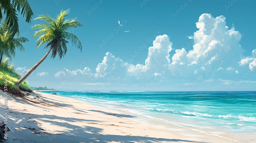 Fototapeta premium A calm beach with turquoise waters and palm trees swaying in the wind