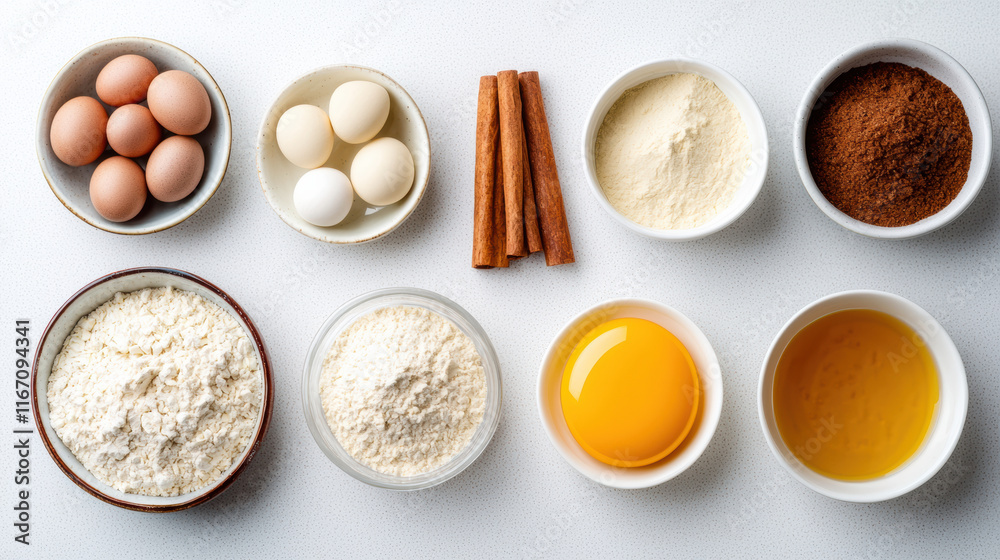 Baking ingredients arranged neatly, including eggs, flour, and spices, create perfect setup for delicious recipes. vibrant colors and textures inspire creativity in kitchen Baking ingredients arranged neatly, including eggs, flour, and spices, create perfect setup for delicious recipes. vibrant colors and textures inspire creativity in kitchen