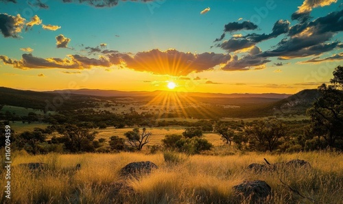 Serene sunset over a lush landscape with vibrant colors and clouds.