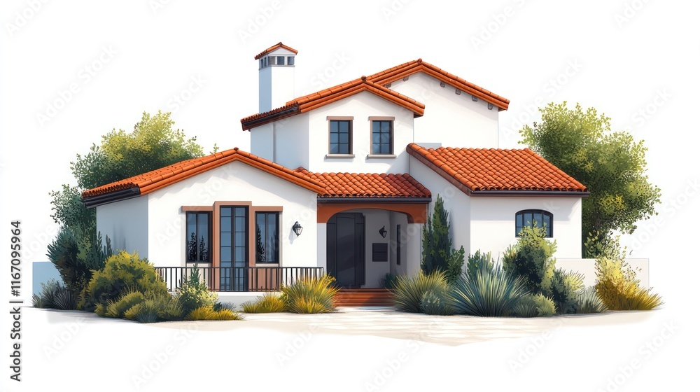 Mediterranean style house, white walls, red tile roof, landscaping. Mediterranean style house, white walls, red tile roof, landscaping.