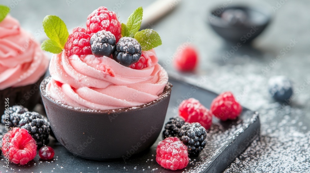Delightful Berry Dessert: Creamy pink mousse in a dark chocolate cup, topped with fresh raspberries and blackberries. Delightful Berry Dessert: Creamy pink mousse in a dark chocolate cup, topped with fresh raspberries and blackberries.