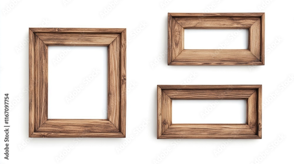 Set of empty natural wooden photo frames on white background. Realistic border wooden rectangular picture frame for design, Image display concept Set of empty natural wooden photo frames on white background. Realistic border wooden rectangular picture frame for design, Image display concept