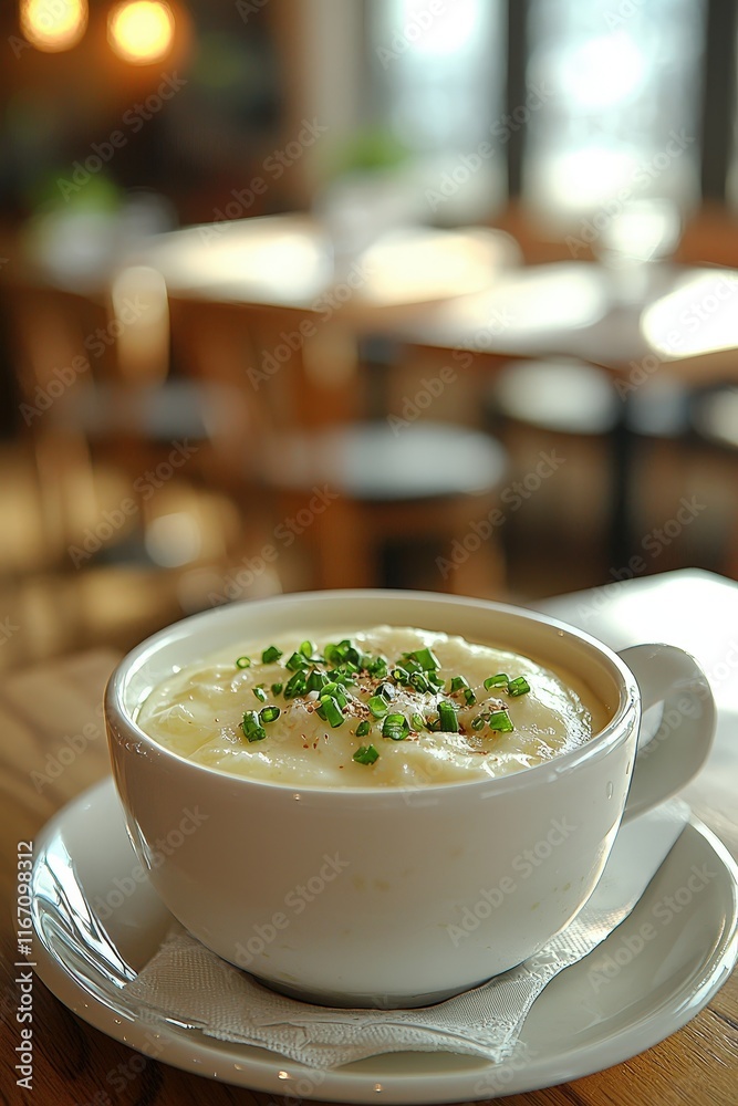 Creamy Soup in a White Bowl with Chopped Chives Served in a Cozy Cafe Setting with Blurred Background and Warm Ambiance Creamy Soup in a White Bowl with Chopped Chives Served in a Cozy Cafe Setting with Blurred Background and Warm Ambiance