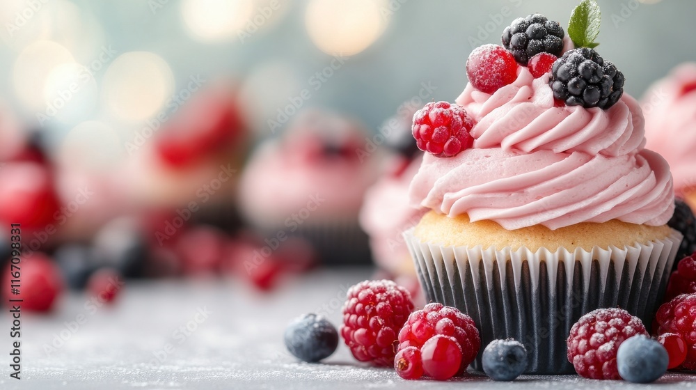 Delightful Pink Berry Cupcake, adorned with fresh raspberries, blackberries and blueberries. A sweet treat! Delightful Pink Berry Cupcake, adorned with fresh raspberries, blackberries and blueberries. A sweet treat!