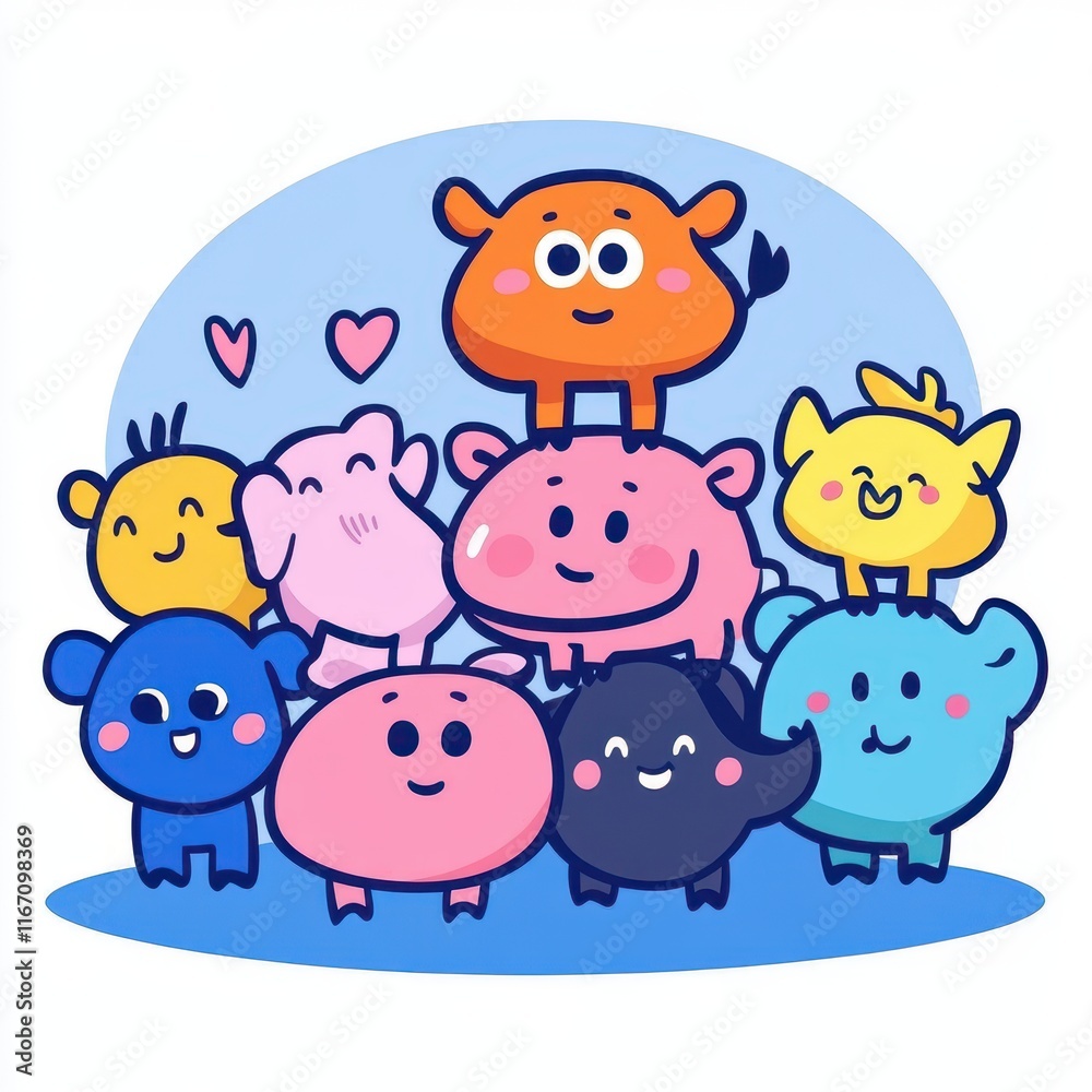 Obraz premium Playful Group of Cute Cartoon Animals with Colorful Characters and Joyful Expressions in a Happy Posed Arrangement on a Soft Blue Background