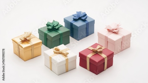 Set of golden, green, white, pink, red, blue gift boxes for christmas isolated on white background