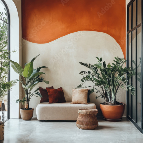 A professionally photographed modern interior with an accent wall featuring warm earth tones like terracotta and sienna