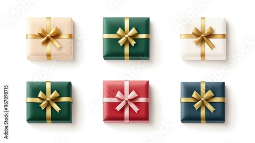 Set of golden, green, white, pink, red, blue gift boxes for christmas isolated on white background