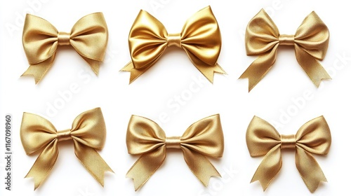 set of golden ribbon bows on a white background