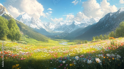 Fototapeta Naklejka Na Ścianę i Meble -  A serene alpine meadow with blooming wildflowers