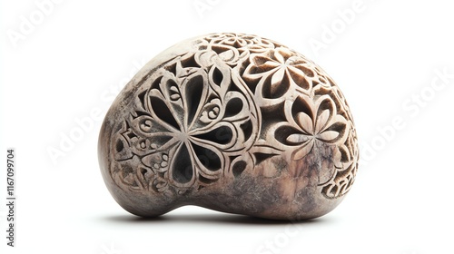 Intricate carved stone resembling a floral design, isolated on white background. photo