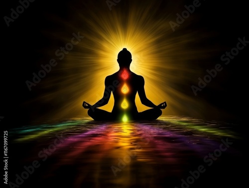 Illustration of a meditating human with light rays and chakra activation in a spiritual context photo