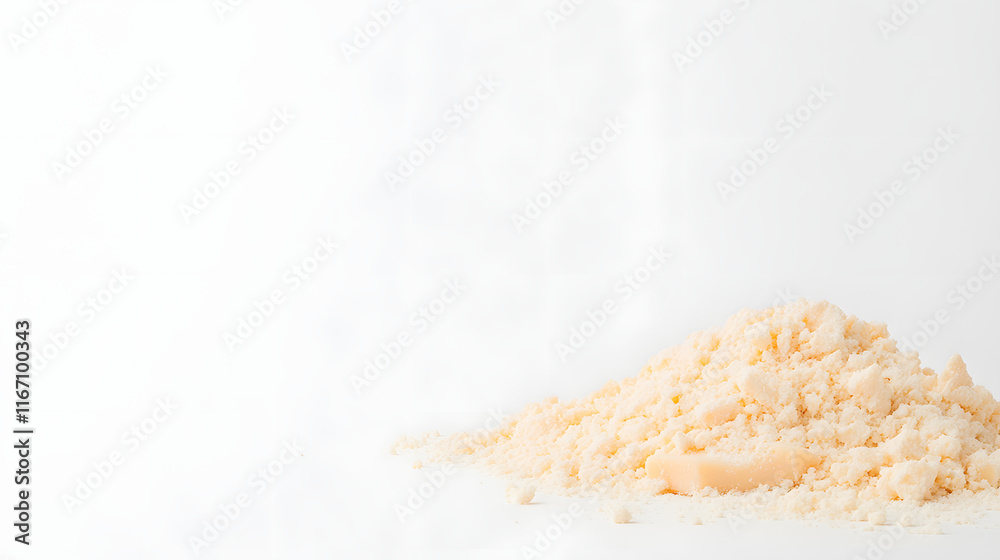 Stiff cheese pieces scattered on a white background, viewed from above, highlighting the texture and detail of the cheese, ideal for food photography showcasing dairy products, gourmet cuisine, and cu Stiff cheese pieces scattered on a white background, viewed from above, highlighting the texture and detail of the cheese, ideal for food photography showcasing dairy products, gourmet cuisine, and cu