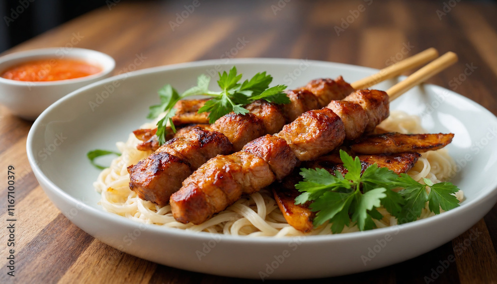 Bun Cha Pork Skewers Grilled Vietnamese Dish with Noodles Bun Cha Pork Skewers Grilled Vietnamese Dish with Noodles