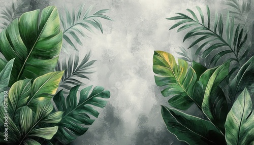 Watercolor Tropical Foliage Illustration Soft Lighting Dynamic Composition Gray Background