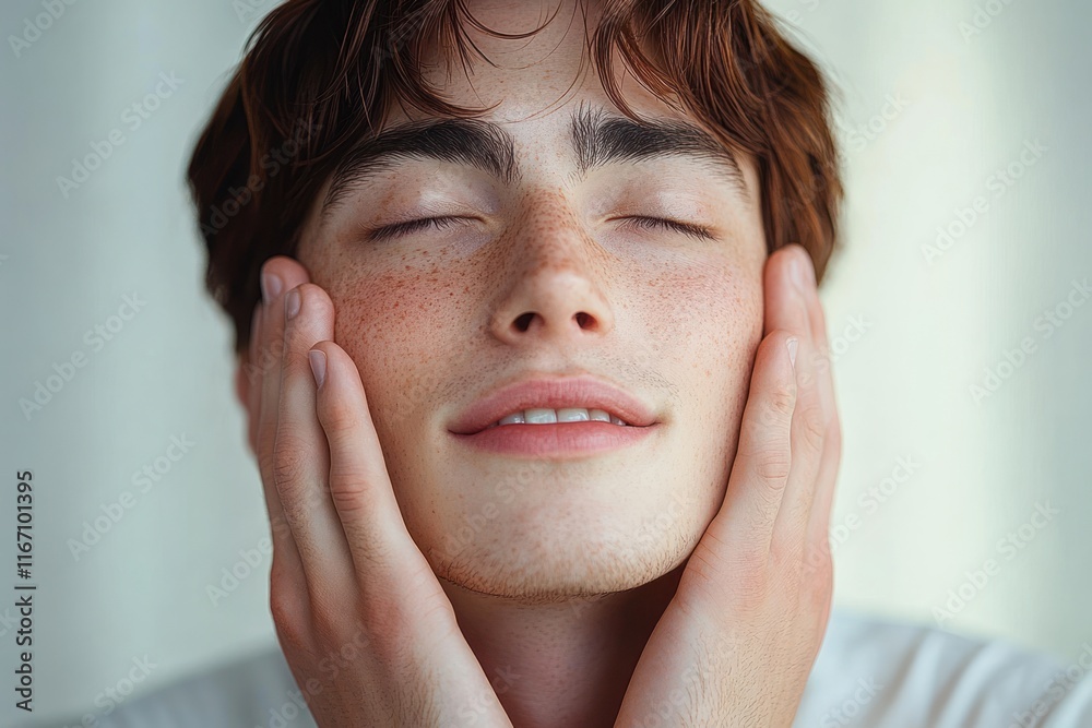 Refreshing Young Man Skincare Portrait with Hands on Cheek in Natural Light Closeup Refreshing Young Man Skincare Portrait with Hands on Cheek in Natural Light Closeup