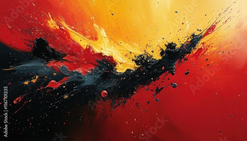 Abstract Expressionism Explosion of Red Yellow Black Paint Vibrant Colors Dynamic Composition Artistic Design photo