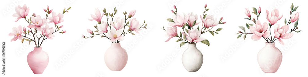Obraz premium Elegant Floral Arrangements of Delicate Blooming Flowers in Pastel Color Vases on White Background