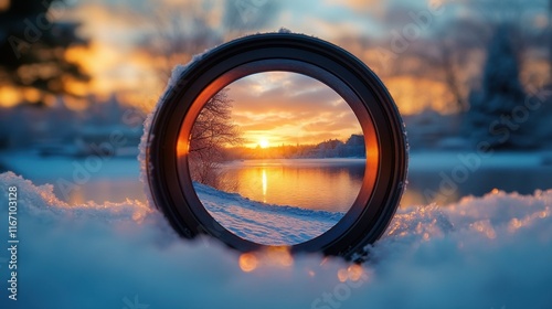 Wallpaper Mural Capturing winter's golden hour at a serene lakeside through a lens in soft snow Torontodigital.ca