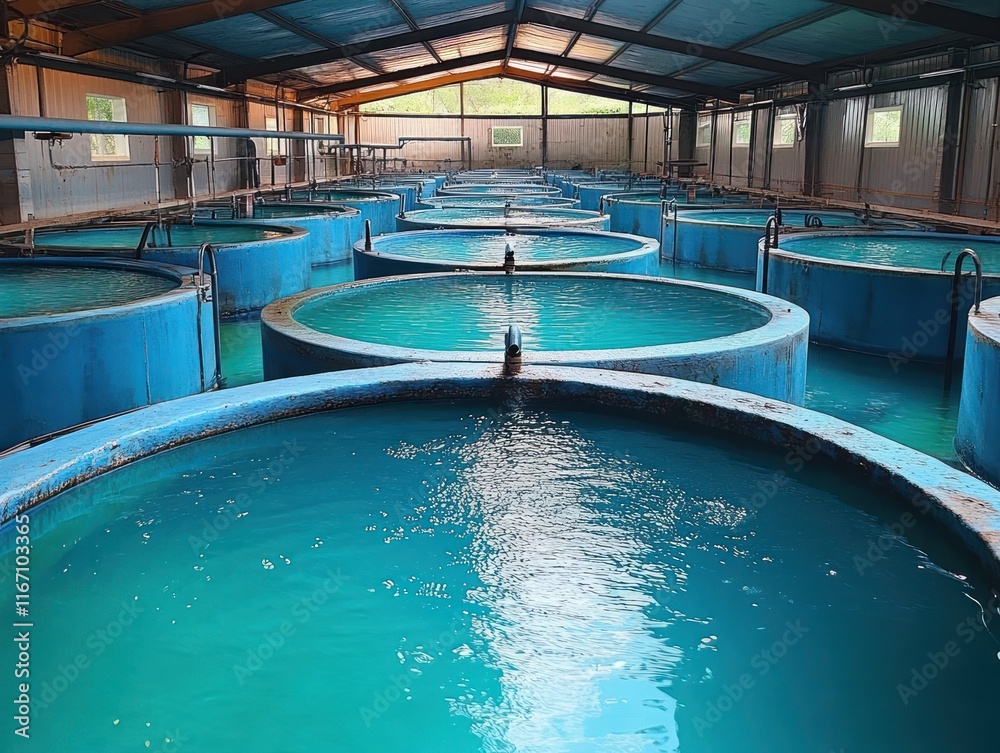 Tilapia Fish in Aquaculture Facility with Blue Water Tanks Swimming in Peaceful Environment Tilapia Fish in Aquaculture Facility with Blue Water Tanks Swimming in Peaceful Environment