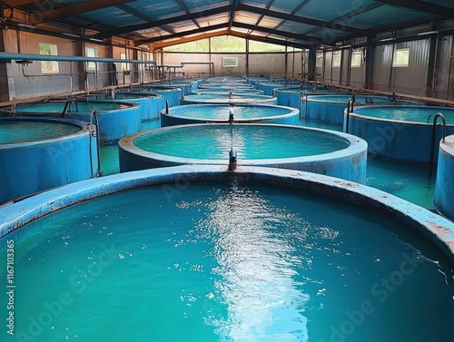 Tilapia Fish in Aquaculture Facility with Blue Water Tanks Swimming in Peaceful Environment