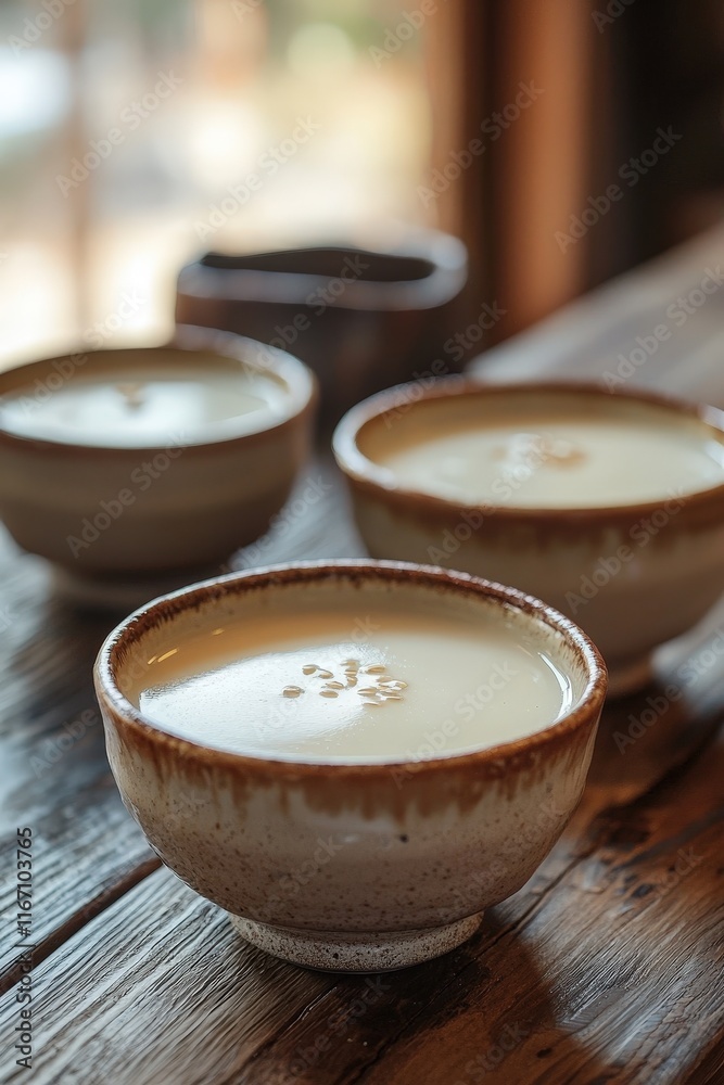 Three rustic ceramic bowls filled with creamy beverage, presented on a textured wooden table, showcasing the warm ambiance of a cozy café or home setting. Three rustic ceramic bowls filled with creamy beverage, presented on a textured wooden table, showcasing the warm ambiance of a cozy café or home setting.
