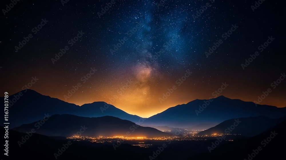 Fototapeta premium Majestic Milky Way galaxy over silhouetted mountains and a glowing valley at night.