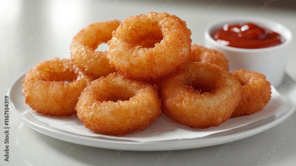 Fried onions served with dipping sauce or ketchup placed in a white plate Suitable for using images for advertisements or cookbooks. Fried onions served with dipping sauce or ketchup placed in a white plate Suitable for using images for advertisements or cookbooks.