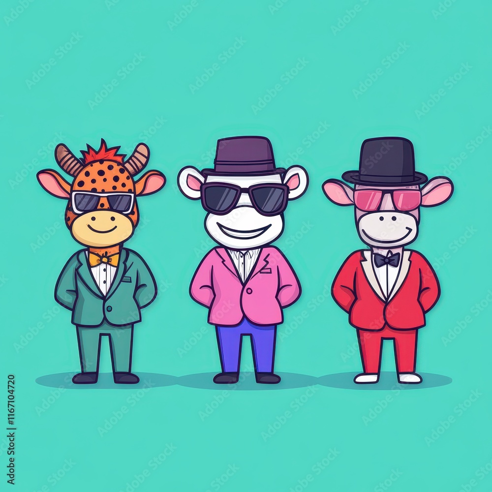 Stylish Cartoon Animals in Suits and Sunglasses, Representing Fun and Playfulness for Various Creative Projects, Perfect for Youthful Themes and Illustrative Concepts Stylish Cartoon Animals in Suits and Sunglasses, Representing Fun and Playfulness for Various Creative Projects, Perfect for Youthful Themes and Illustrative Concepts