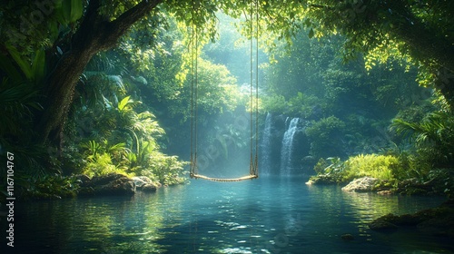 A tropical rainforest with a rope swing hanging over a river