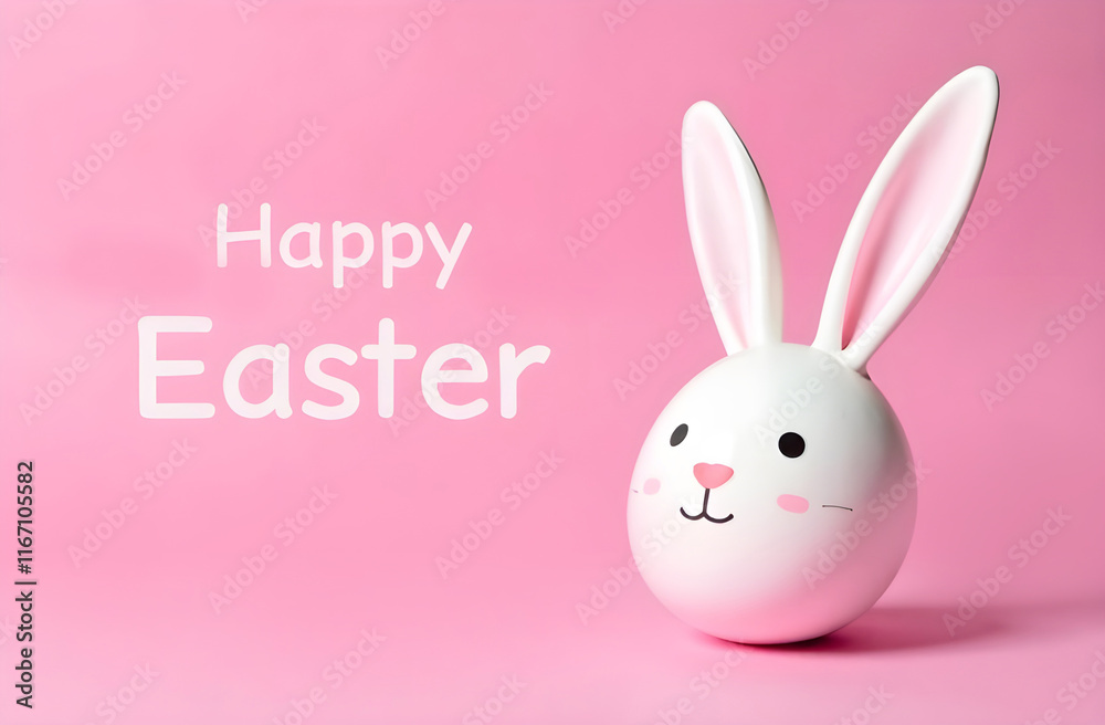 A charming white Easter bunny, creatively crafted from an egg, rests on a lovely pink background, enhancing the festive atmosphere
