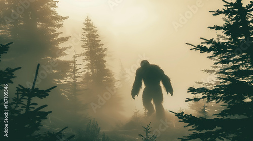 Cuadro en lienzo Mysterious Sasquatch Silhouette in Foggy Forest with Towering Trees and Soft Natural Light