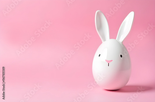 Obraz na płótnie A charming white Easter bunny, creatively crafted from an egg, rests on a lovely pink background, enhancing the festive atmosphere w salonie